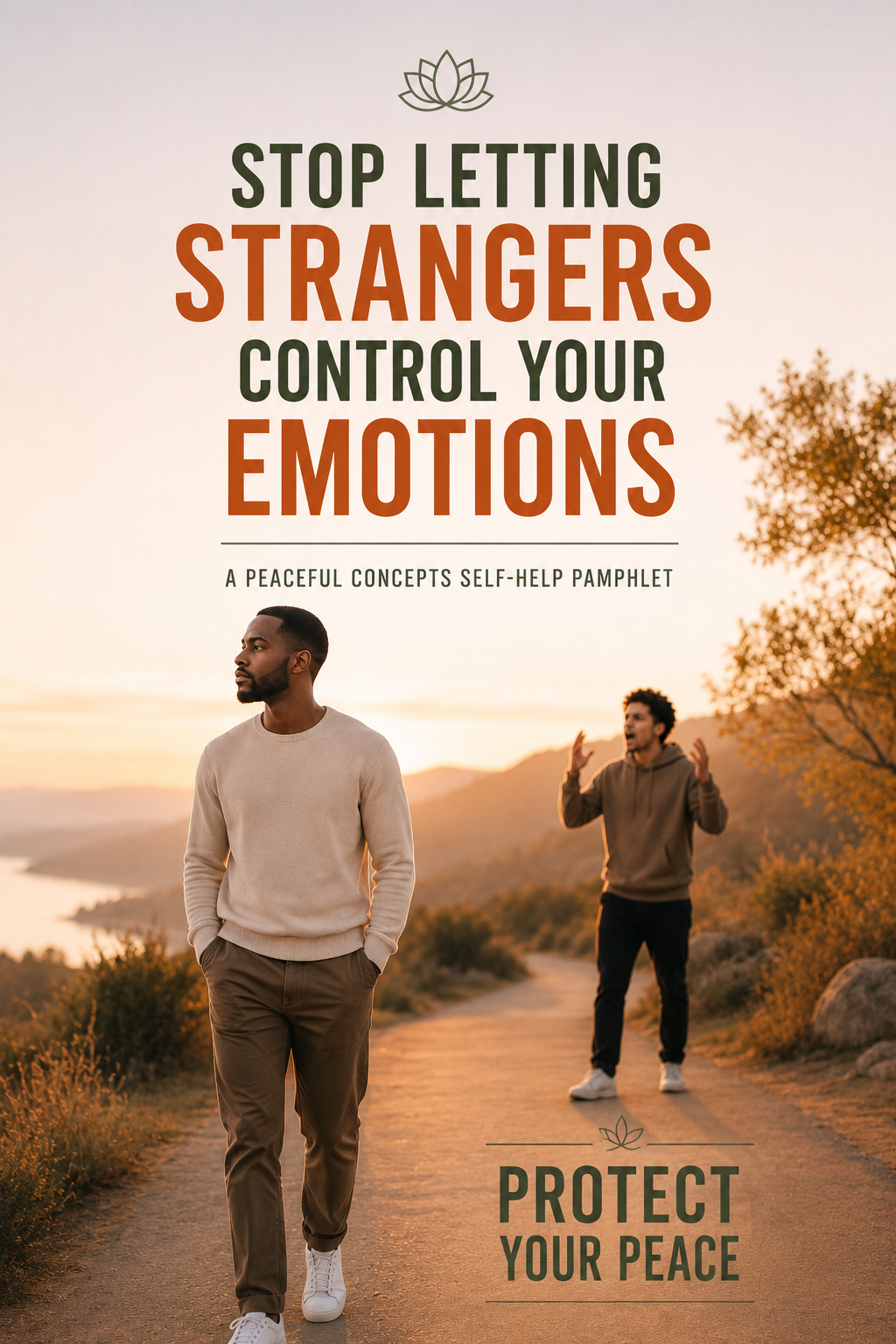 A self-help pamphlet cover design with the title 'STOP LETTING STRANGERS CONTROL YOUR EMOTIONS' and subtitle 'PROTECT YOUR PEACE' over a lifestyle photo of two men on a sunset path, one walking forward and one gesturing behind him.