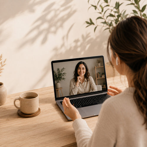 A woman sits at a wooden desk, seen from behind, interacting with a laptop screen during a video call. The scene is warmly lit with natural shadows from nearby plants, with a ceramic mug on the desk beside her.